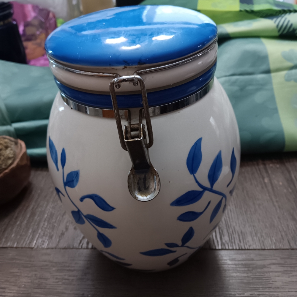 Blue and White Ceramic Storage Jar with Airtight Clamp Lid